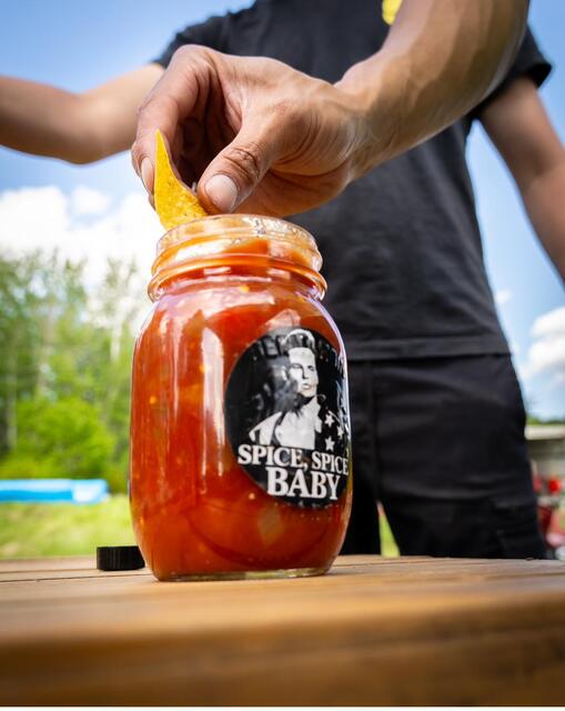 A jar of the camp's homemade hot sauce